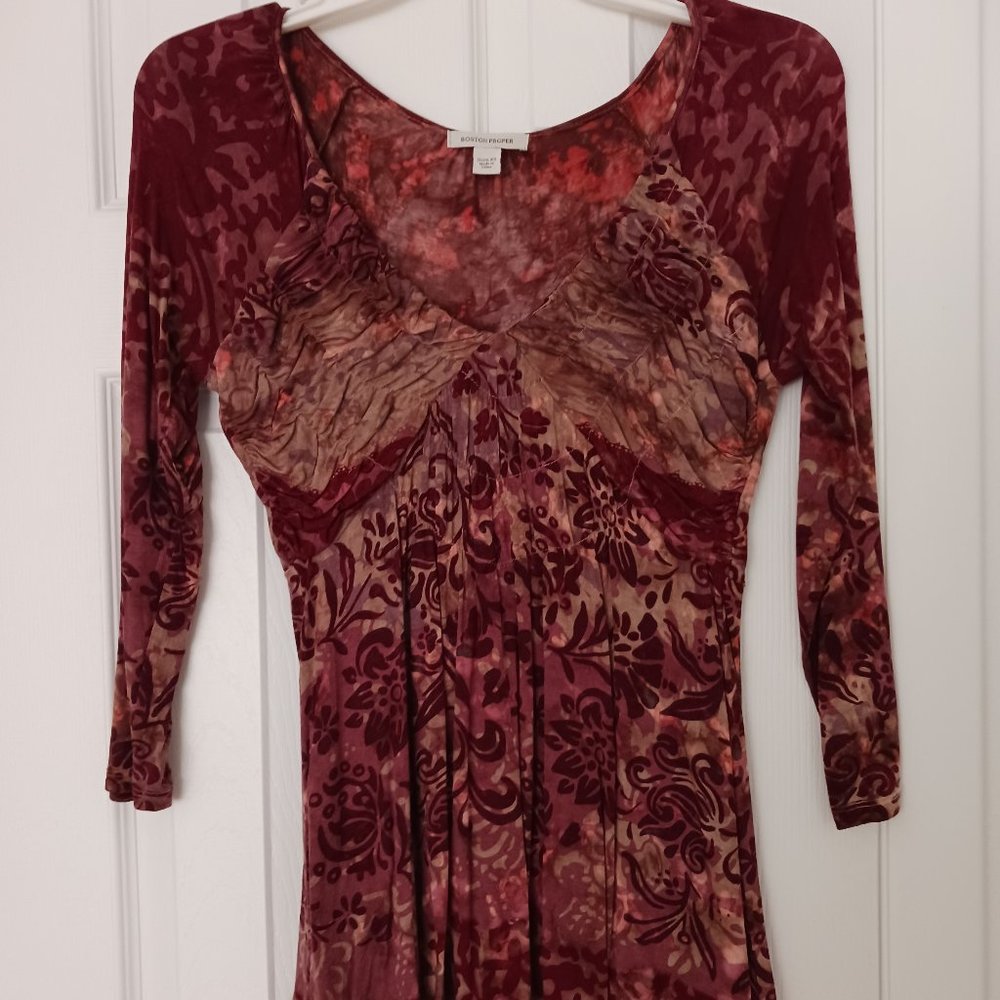 Boston Proper Burgundy Multi 3/4 Sleeve Tunic Top Size XSmall